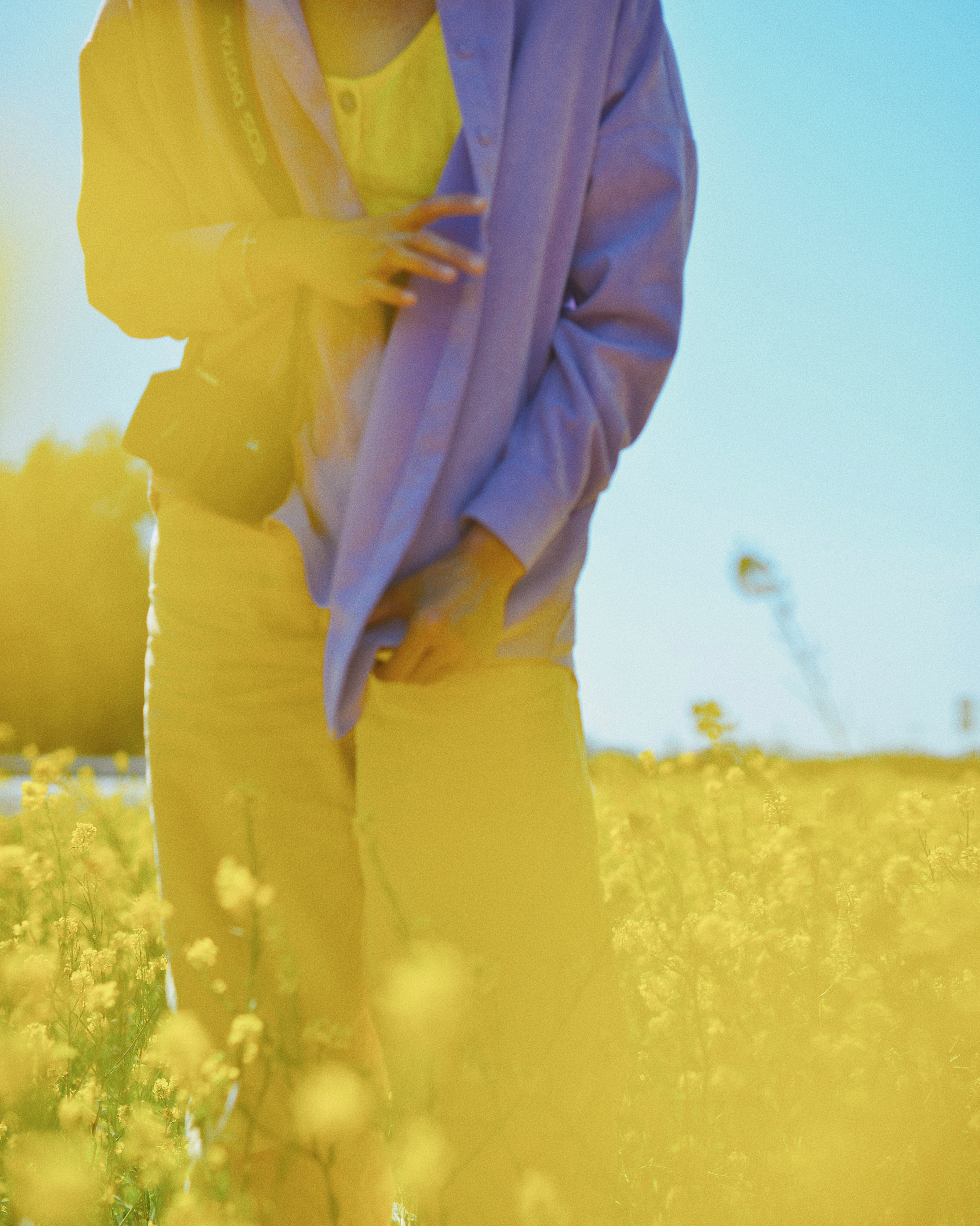 person in yellow long sleeve shirt and yellow pants standing on yellow flower field during daytime